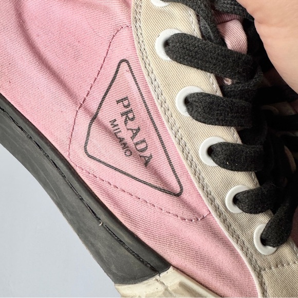 PRADA Canvas Colorblock Pattern Wedge Sneakers in Pink - Picture 8 of 8